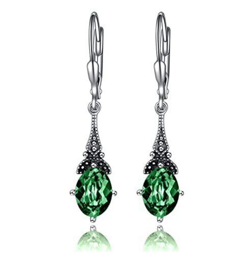 5819 Vintage Leverback Emerald Green May Birthstone Earrings Sterling